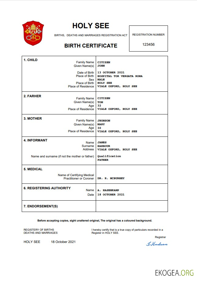 Acte d'état civil du Saint-Siège, modèle Word et PDF template Acte d'état civil du Saint-Siège, modèle Word et PDF template